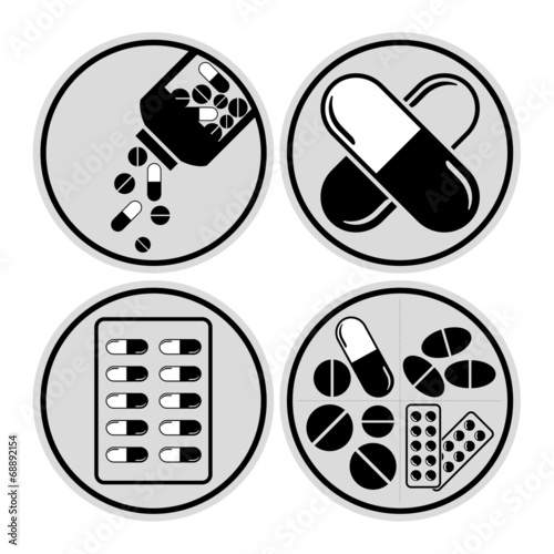 Medicines including tablets, pills & capsules - vector icons