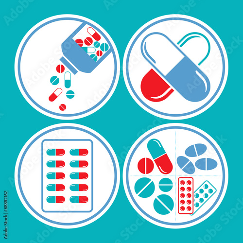 Medicines - tablet, pill & capsule icon set in blue & red theme