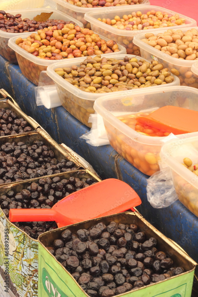 An assortment of olives at a turkish market