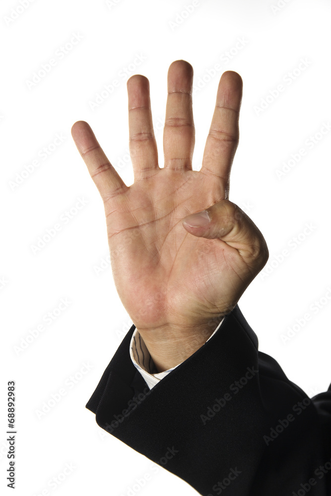 hand and businessman showing four fingers hand and businessman showing four fingers