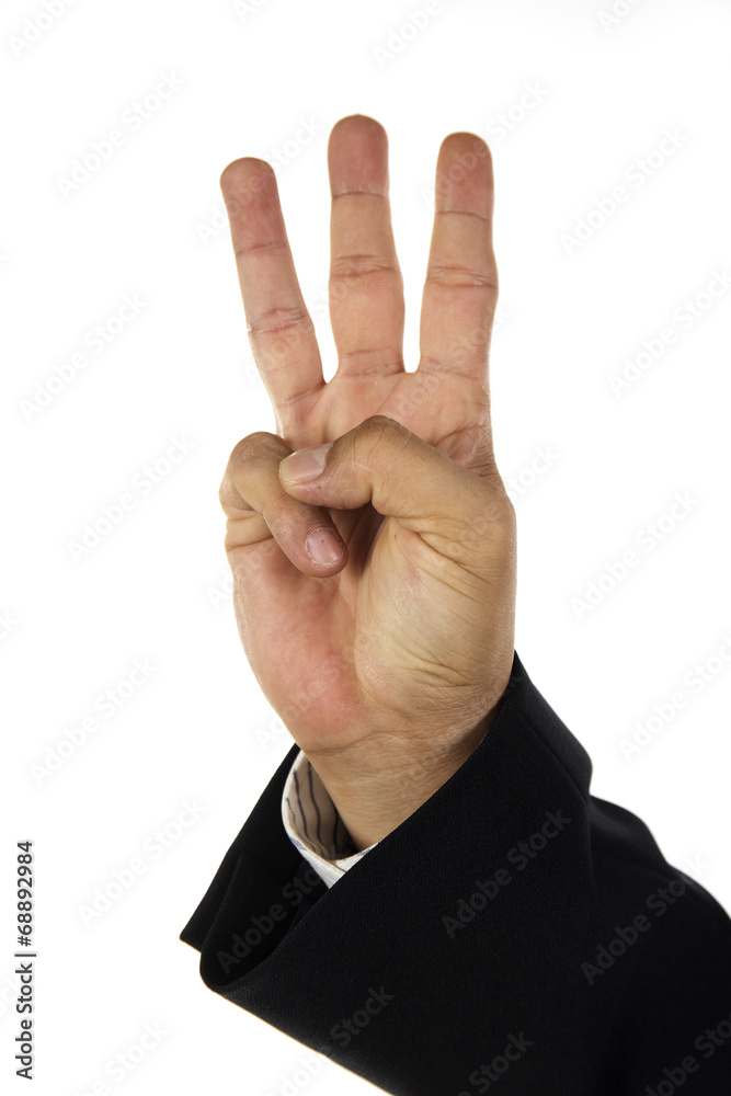 hand and businessman showing three fingers hand and businessman showing three fingers