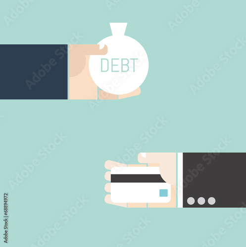 Business concept. Hand exchange debt and credit card.