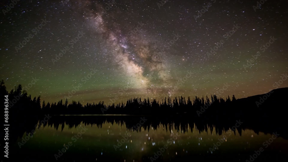 Time lapse Milky Way galaxy across lake
