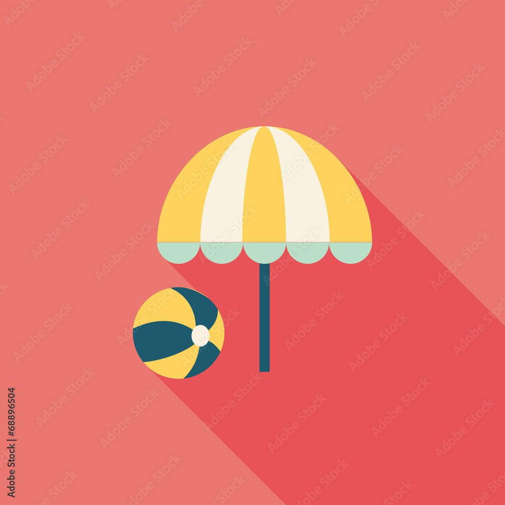beach umbrella with ball flat icon with long shadow