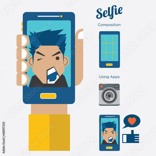 Selfie:Taking a self portrait with smart phone, Flat design