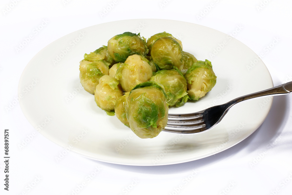 Choux de Bruxelles cuits sur assiette blanche Choux de Bruxelles cuits sur assiette blanche