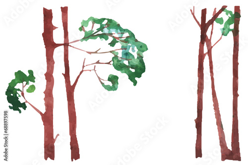 Set of different trees painted by watercolor.
