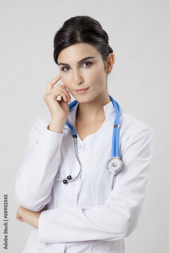 Thinking medical doctor woman with stethoscope. Thinking medical doctor woman with stethoscope.
