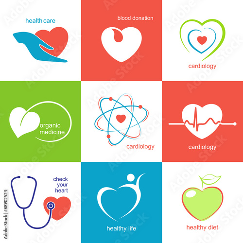 Icons with heart symbol for medicine, health care and cardiology