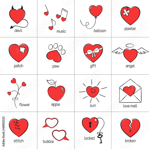 Set of hand drawn heart icons for romantic design
