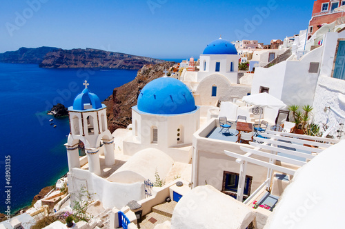 Oia church with blue domes on the island of Santorini  Greece