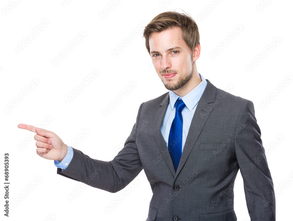 European businessman with finger point aside European businessman with finger point aside