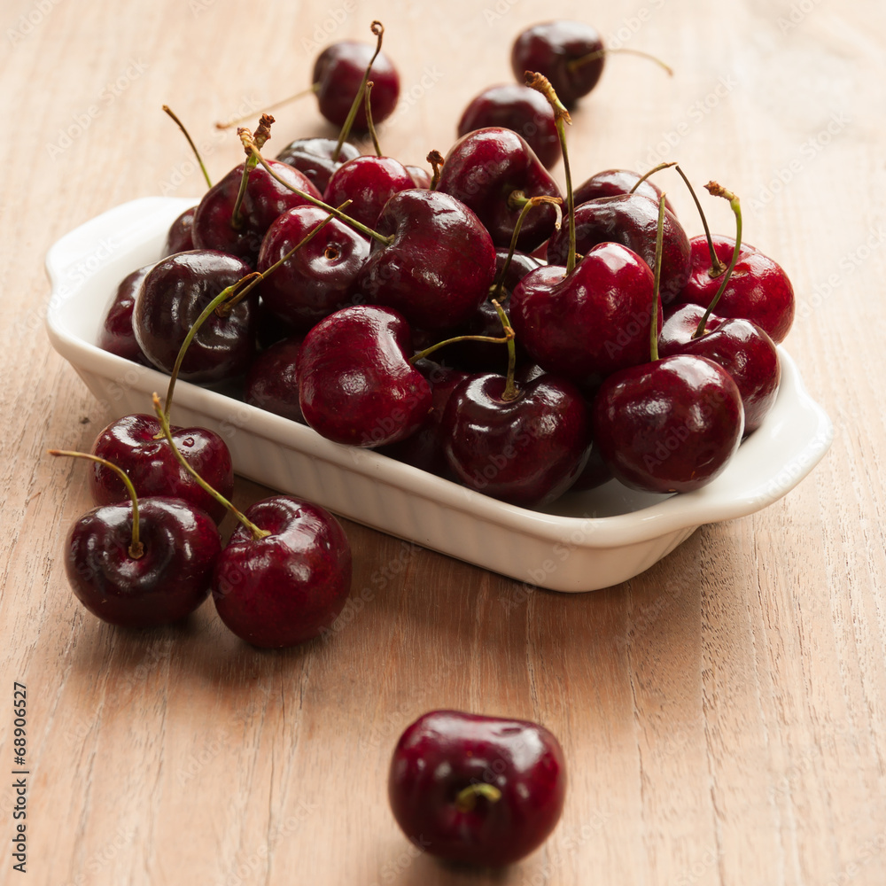 Fresh cherries in bowl on table Fresh cherries in bowl on table