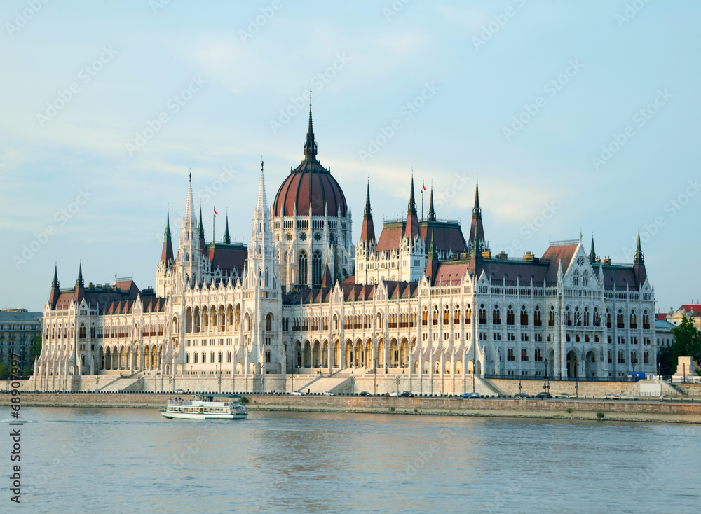 The building of the Parliament in sunset lights. Budapest, Hunga