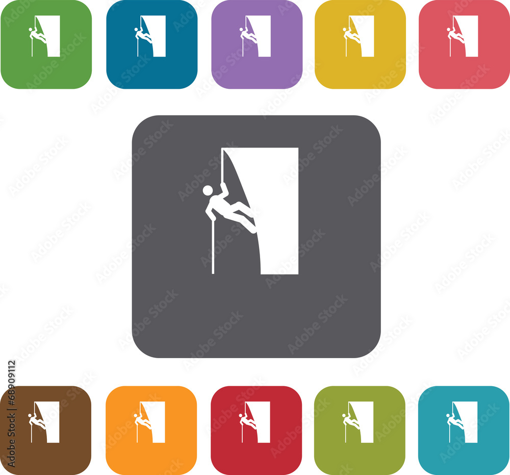 Hiking climbing icons set. Rectangle colorful 12 buttons. Illust
