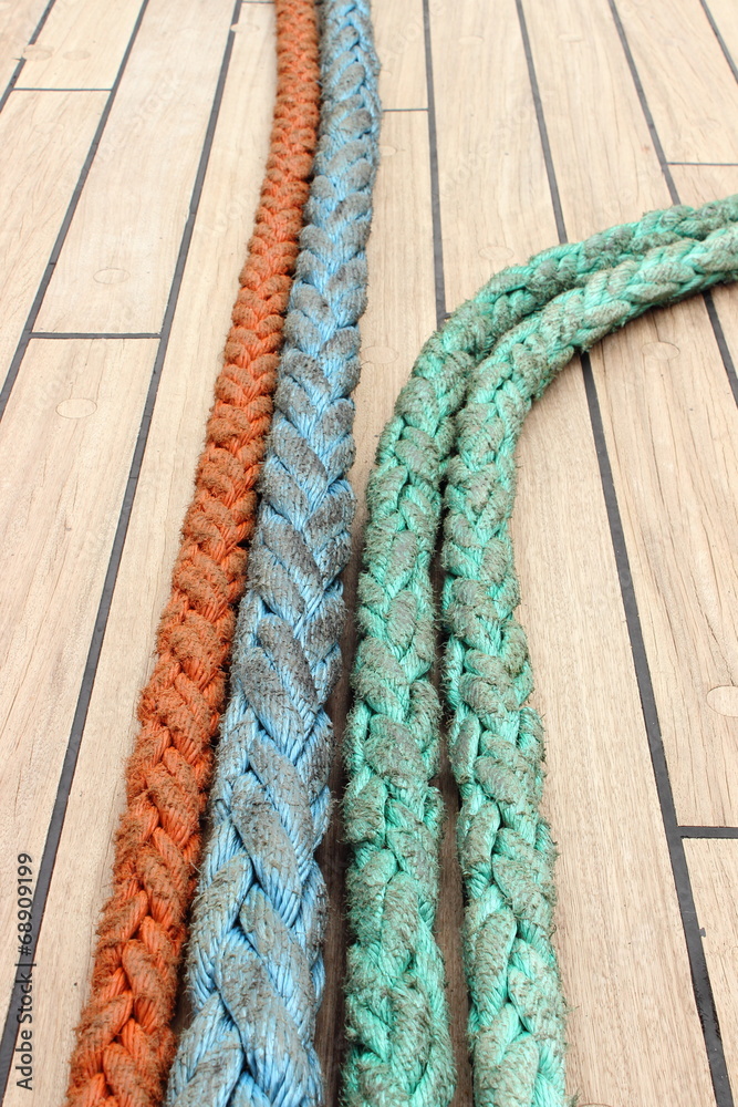 Closeup of colorful thick ropes on sailboat