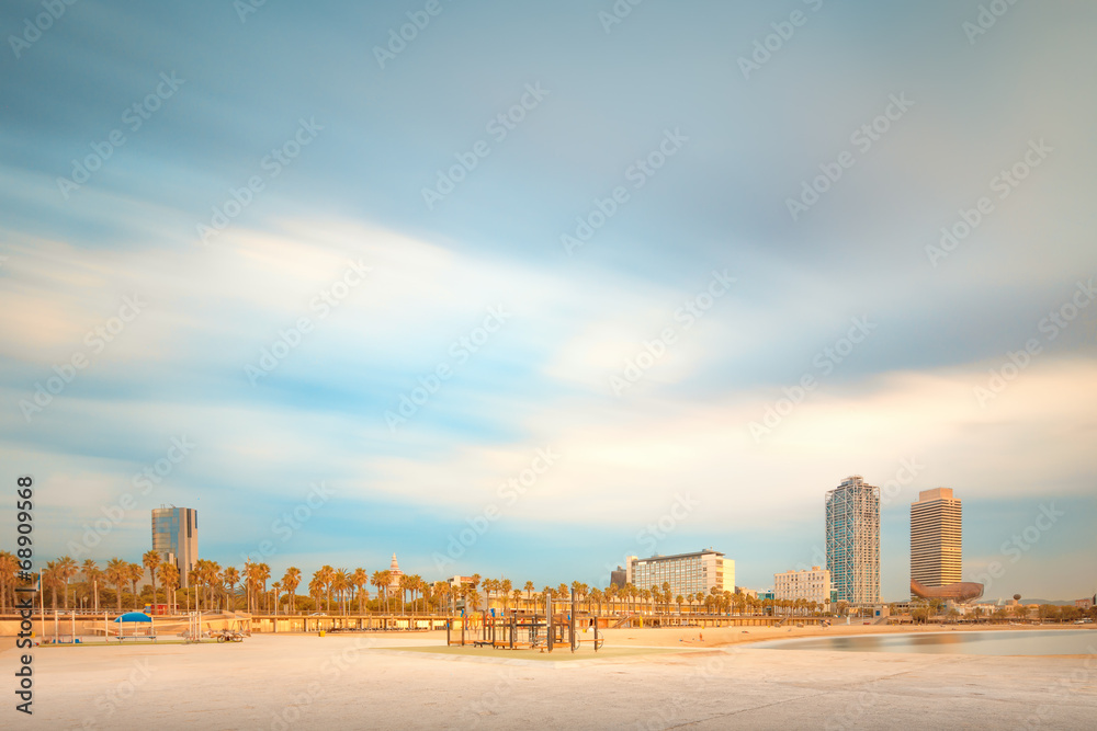 Barceloneta Beach in Barcelona at sunrise Barceloneta Beach in Barcelona at sunrise