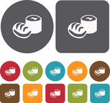 Sushi Japan icons set. Round and Rectangle colorful 12 buttons.