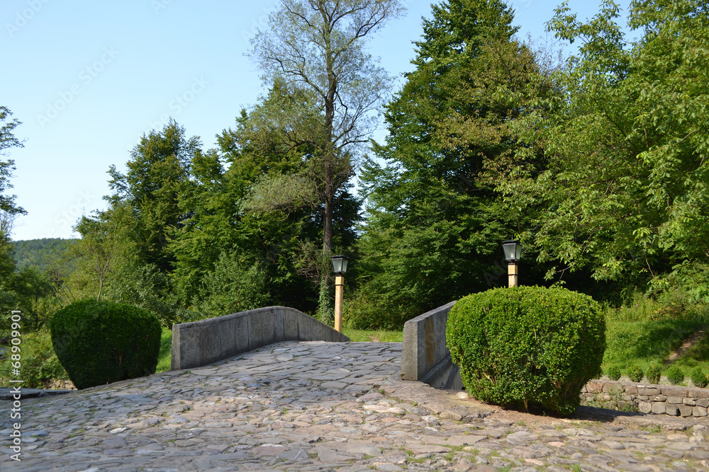 Small stone bridge with bushes