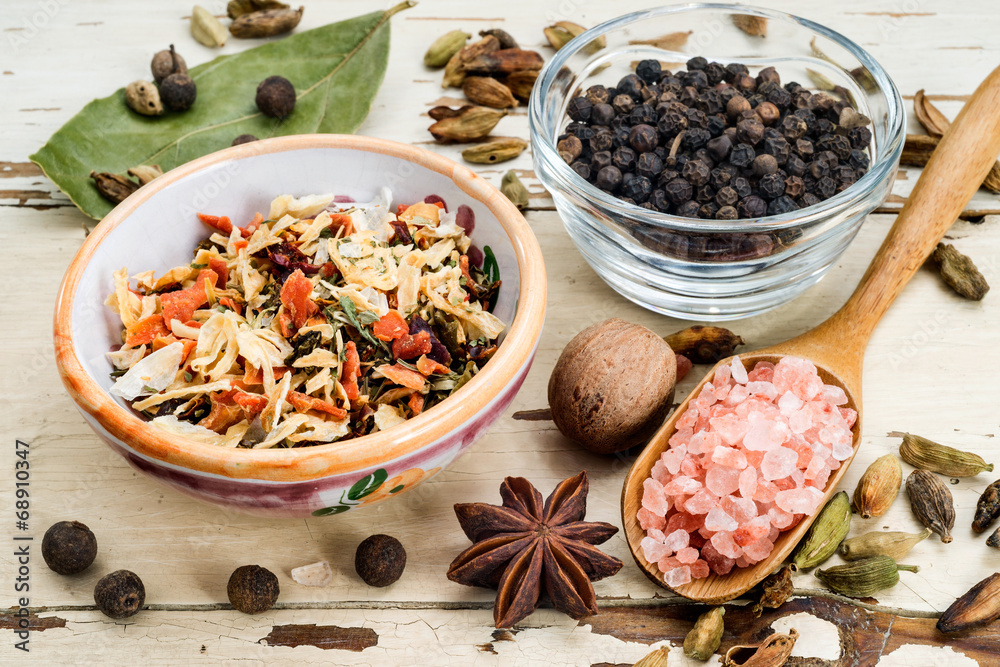 spices on wooden table, selective focus spices on wooden table, selective focus