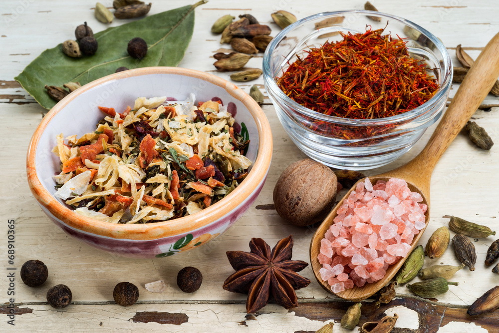 spices on wooden table, selective focus spices on wooden table, selective focus