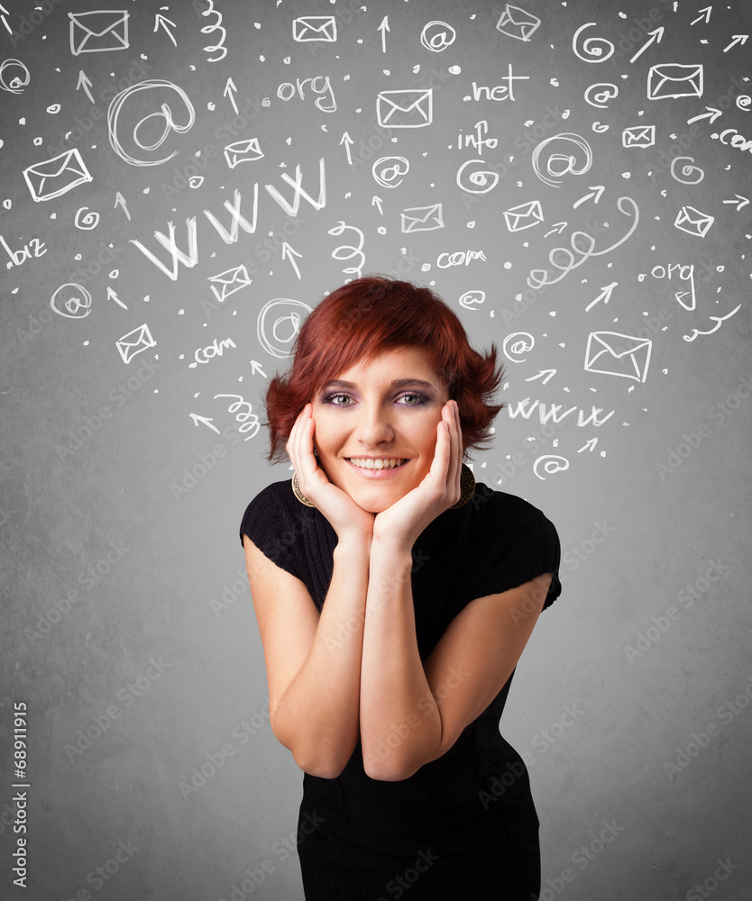 Pretty young girl with abstract white media icon doodles Pretty young girl with abstract white media icon doodles