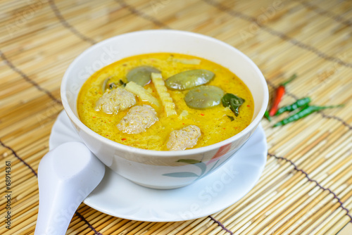 Spicy green curry with pork ball , Thai food cuisine