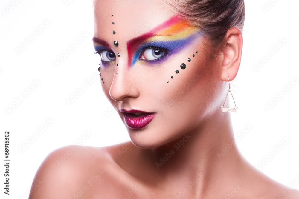 Fototapeta premium Isolated on white background pretty woman with colorful makeup