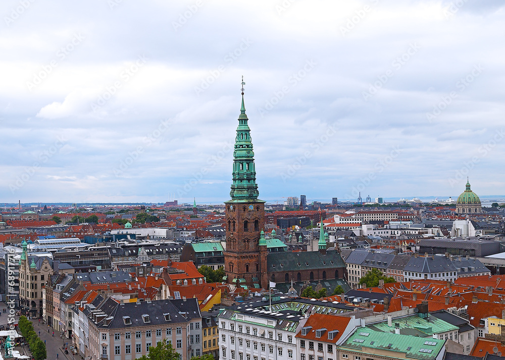 Panorama of colorful roof tops in Copenhagen Denmark