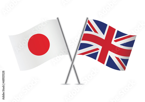 Japan and Great Britain crossed flags. Japanese and British flags on white background. Vector icon set. Vector illustration.