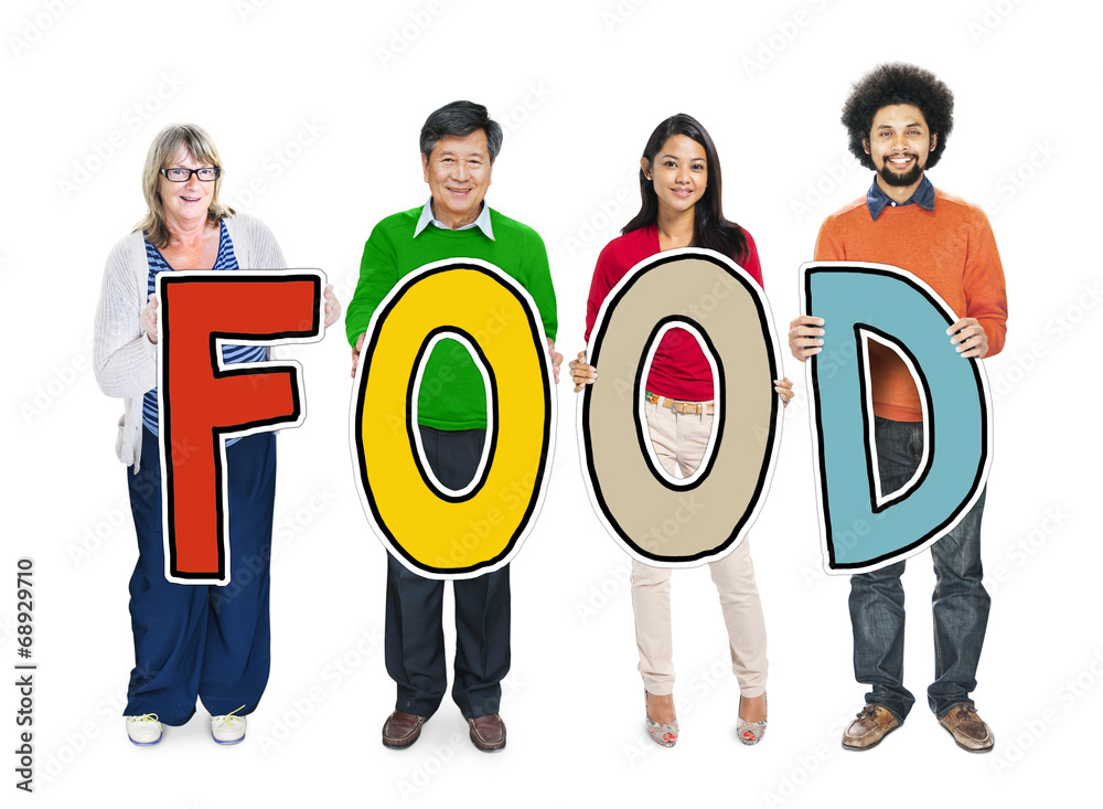 Multiethnic Group of People Holding Text Food Multiethnic Group of People Holding Text Food