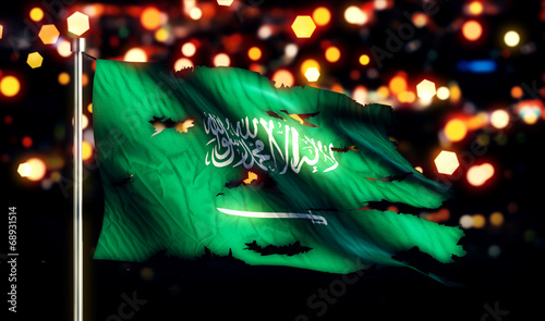 Saudi Arabia National Flag Torn Burned War Freedom Night 3D
