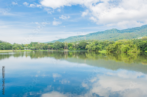 landscape with lake mountain and blue sky