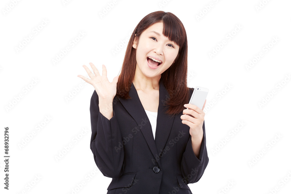 スマートフォンを持って驚くビジネスウーマン スマートフォンを持って驚くビジネスウーマン