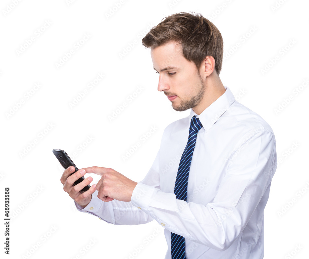 Caucasian businessman read the message of cellphone Caucasian businessman read the message of cellphone