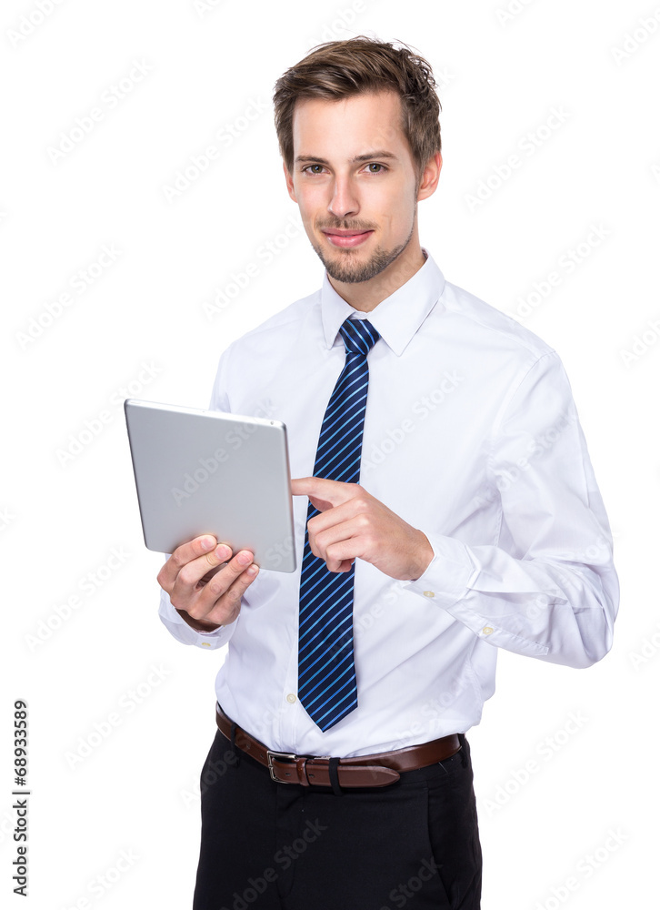 Caucasian businessman use digital tablet Caucasian businessman use digital tablet