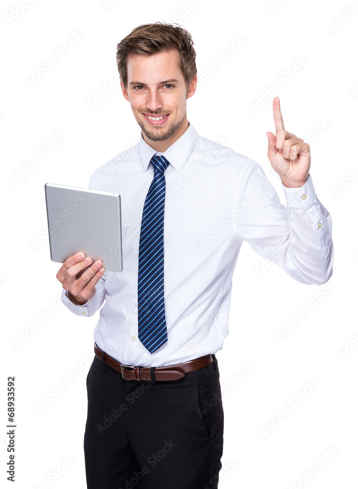 Caucasian businessman use digital tablet and finger up Caucasian businessman use digital tablet and finger up