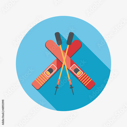 ski and sticks flat icon with long shadow