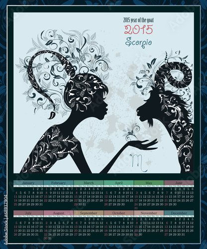 Calendar for 2015 year with a goat and Zodiac sign scorpio. fash