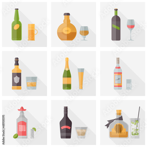 Various alcoholic beverages flat icons