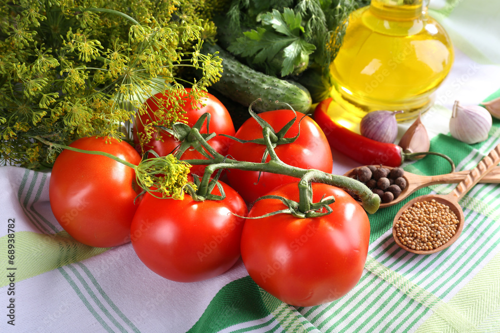 Fresh vegetables with herbs and spices on table, close-up Fresh vegetables with herbs and spices on table, close-up