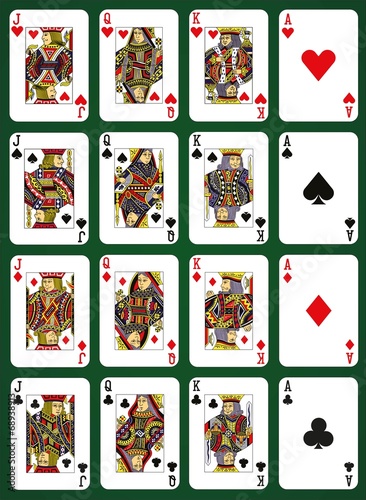Poker set with isolated cards on green background - High cards