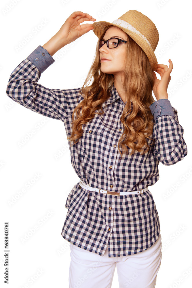young pretty womanl with retro garb holding her hat against whit young pretty womanl with retro garb holding her hat against whit