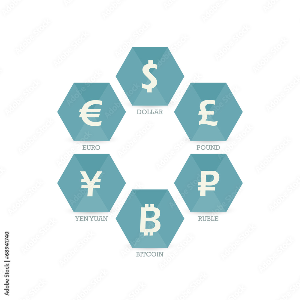Euro Dollar Yen Yuan Bitcoin Ruble Pound geometric sign vector