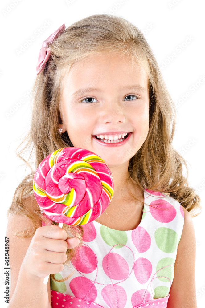 Happy little girl with lollipop isolated
