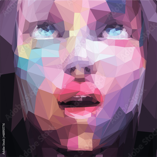 Abstract low poly, pop art portrait girl looking up