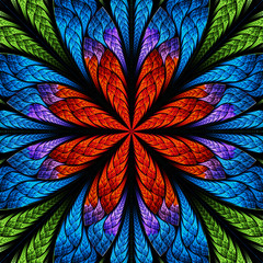 Symmetrical pattern in stained-glass window style. Green, blue a