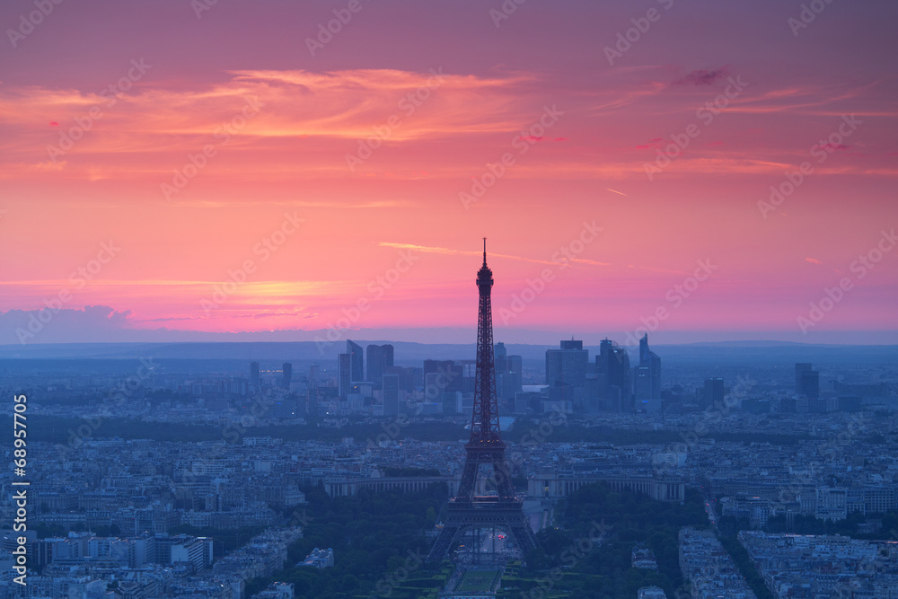 Paris view from above from Montparnasse Tower at sunset