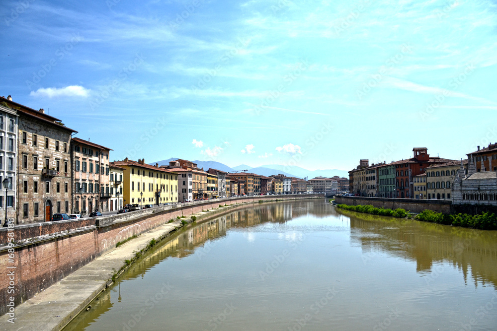 Panorama of Arno river which crosses the city of Pisa