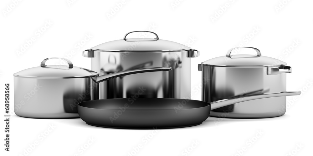 four cooking pans isolated on white background